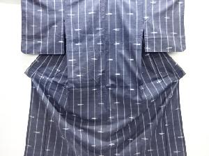 アンティーク　縞に絣柄織出し手織り紬単衣着物